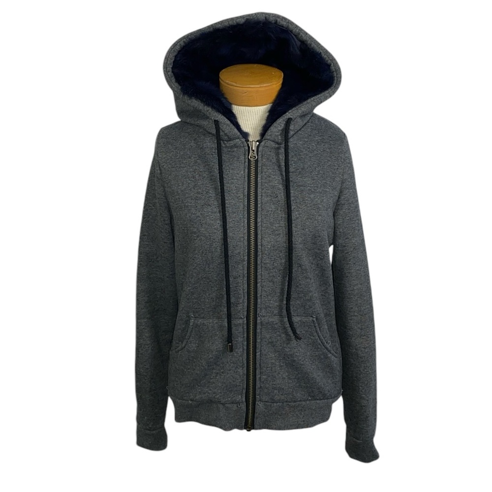 Jocelyn Rabbit Fur Lined Hoodie XS Gray Zip Jacket Streetwear Luxe Athleisure